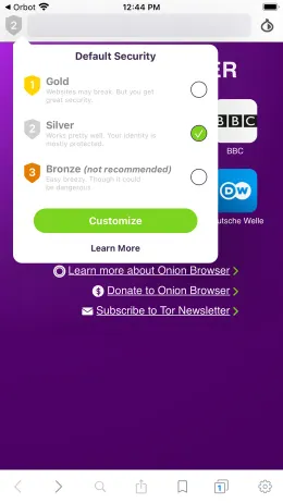 Tor Browser iPhone app, screen 3 of 4